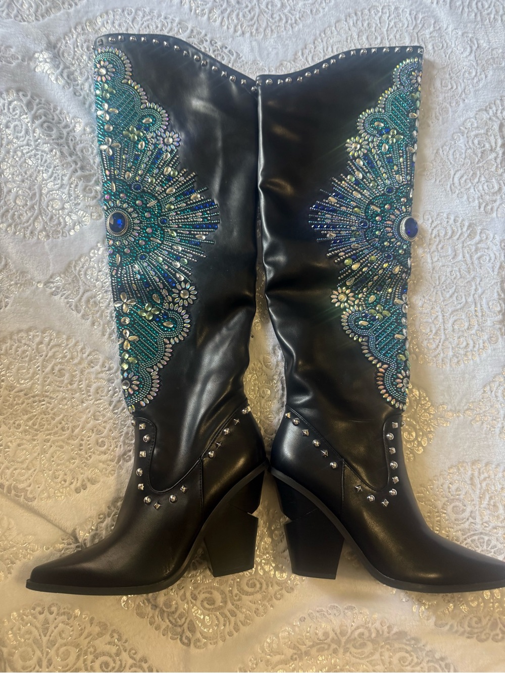 Azalea Wang Axelbeat Embellished Black Over-the-Knee Boot with Blue Accents 8.5 - Picture 7 of 12